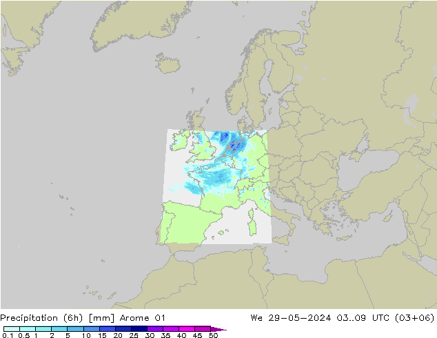 Precipitation (6h) Arome 01 We 29.05.2024 09 UTC