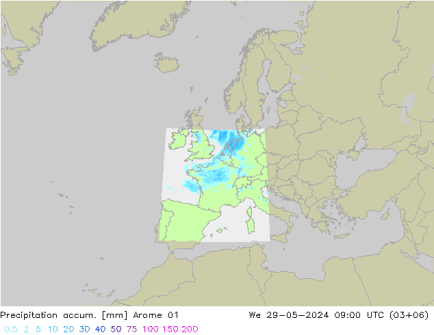 Totale neerslag Arome 01 wo 29.05.2024 09 UTC