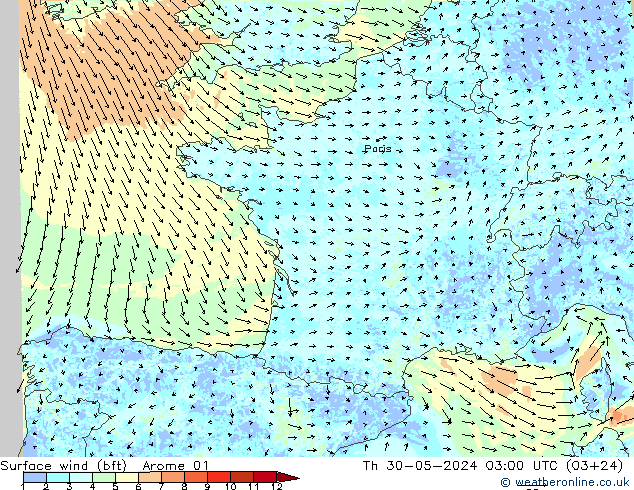 Surface wind (bft) Arome 01 Čt 30.05.2024 03 UTC