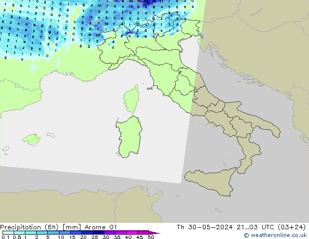 Precipitação (6h) Arome 01 Qui 30.05.2024 03 UTC