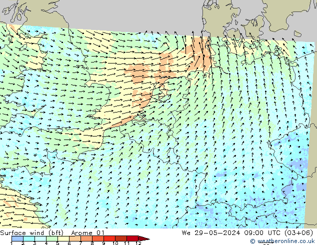 Vent 10 m (bft) Arome 01 mer 29.05.2024 09 UTC