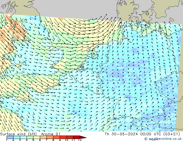 Surface wind (bft) Arome 01 Čt 30.05.2024 00 UTC