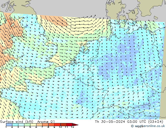 Bodenwind (bft) Arome 01 Do 30.05.2024 03 UTC