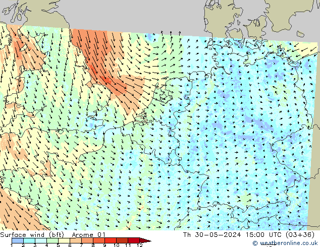 Viento 10 m (bft) Arome 01 jue 30.05.2024 15 UTC