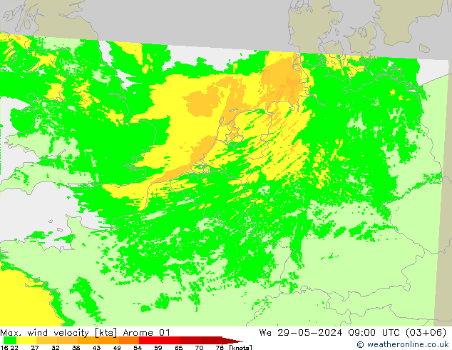 Max. wind snelheid Arome 01 wo 29.05.2024 09 UTC