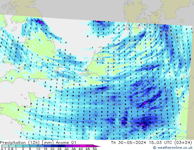 Totale neerslag (12h) Arome 01 do 30.05.2024 03 UTC