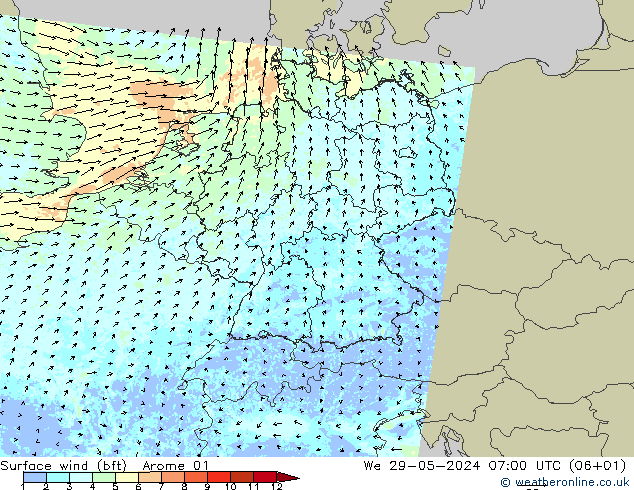 Surface wind (bft) Arome 01 St 29.05.2024 07 UTC