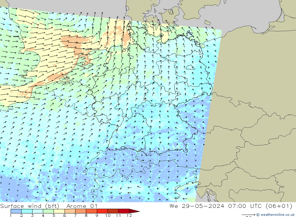 Bodenwind (bft) Arome 01 Mi 29.05.2024 07 UTC