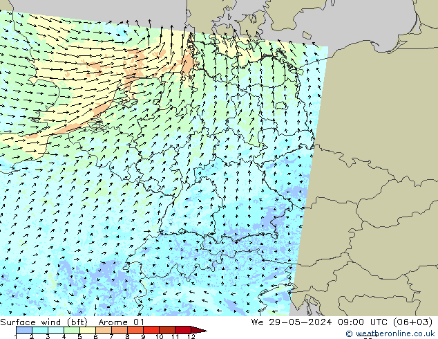 Wind 10 m (bft) Arome 01 wo 29.05.2024 09 UTC