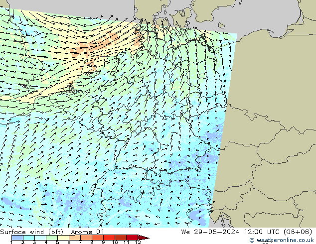 Wind 10 m (bft) Arome 01 wo 29.05.2024 12 UTC