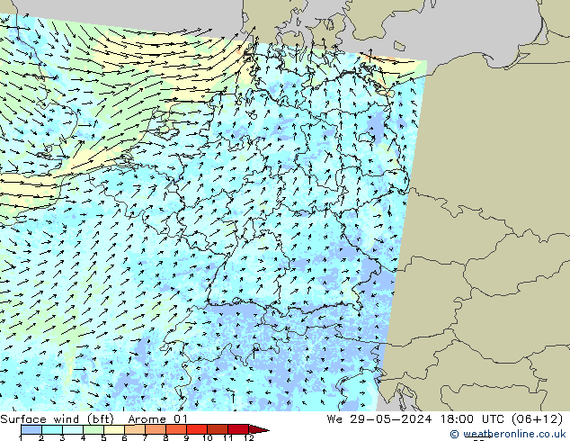 Wind 10 m (bft) Arome 01 wo 29.05.2024 18 UTC
