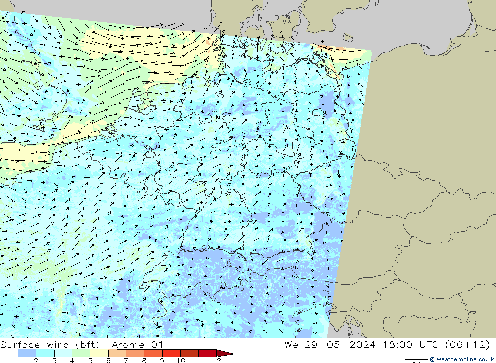 Surface wind (bft) Arome 01 We 29.05.2024 18 UTC