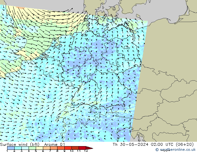 Wind 10 m (bft) Arome 01 do 30.05.2024 02 UTC
