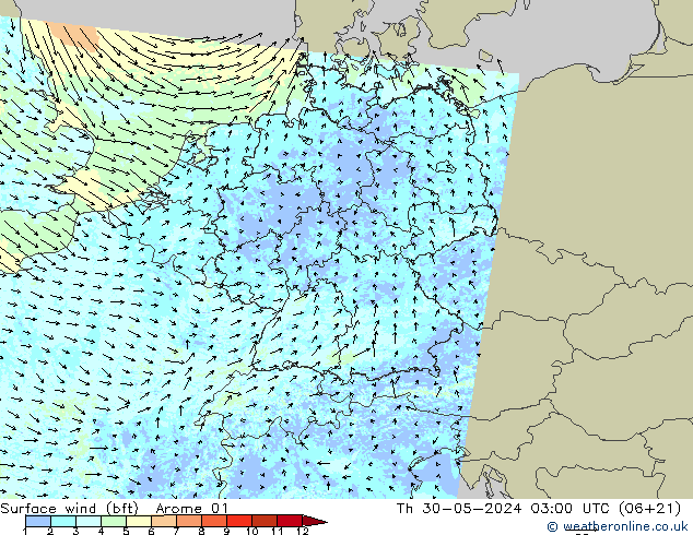 Vento 10 m (bft) Arome 01 Qui 30.05.2024 03 UTC