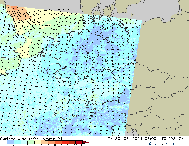 Vento 10 m (bft) Arome 01 gio 30.05.2024 06 UTC