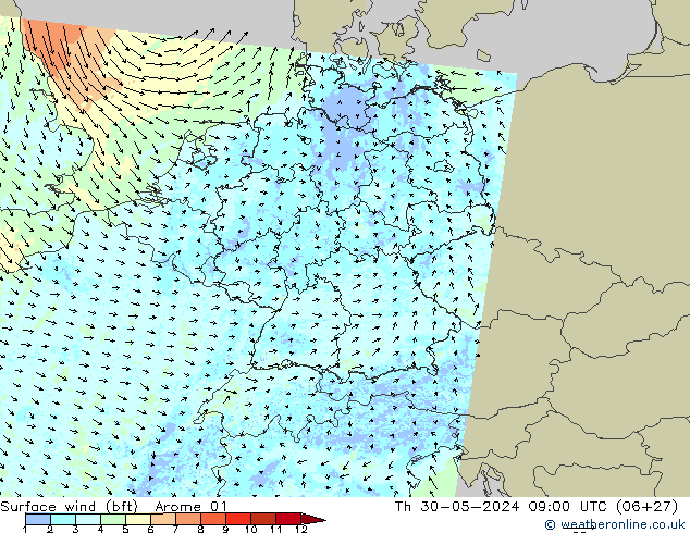Surface wind (bft) Arome 01 Čt 30.05.2024 09 UTC