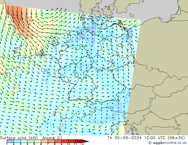 wiatr 10 m (bft) Arome 01 czw. 30.05.2024 12 UTC