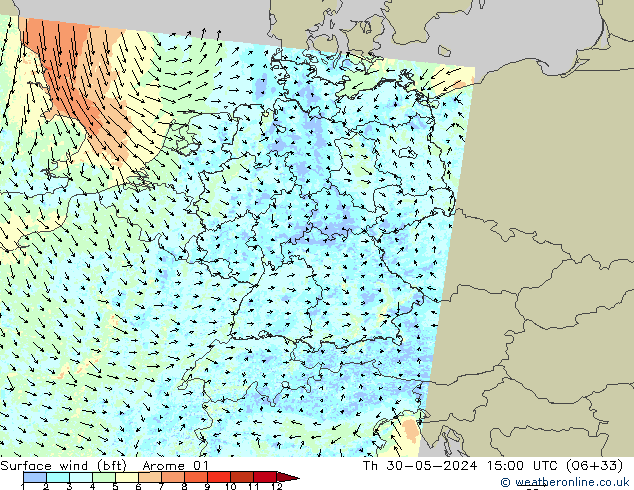 Wind 10 m (bft) Arome 01 do 30.05.2024 15 UTC