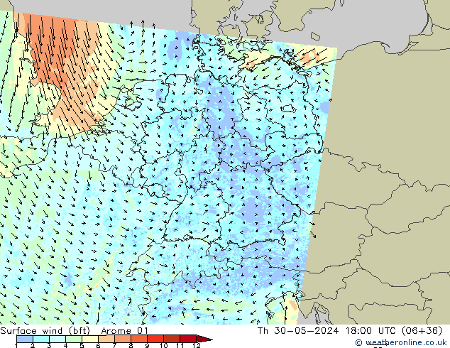 Surface wind (bft) Arome 01 Th 30.05.2024 18 UTC