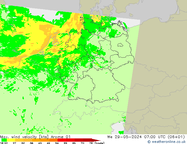 Max. wind velocity Arome 01 Qua 29.05.2024 07 UTC