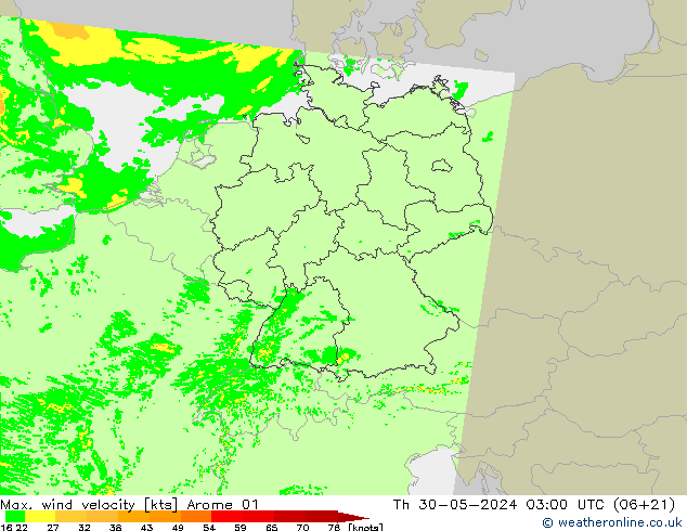 Max. wind snelheid Arome 01 do 30.05.2024 03 UTC