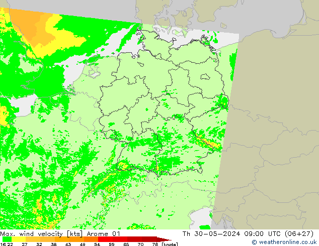 Max. wind velocity Arome 01 jeu 30.05.2024 09 UTC