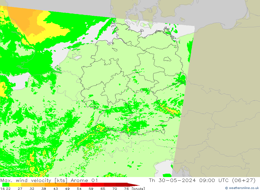 Max. wind velocity Arome 01 Qui 30.05.2024 09 UTC