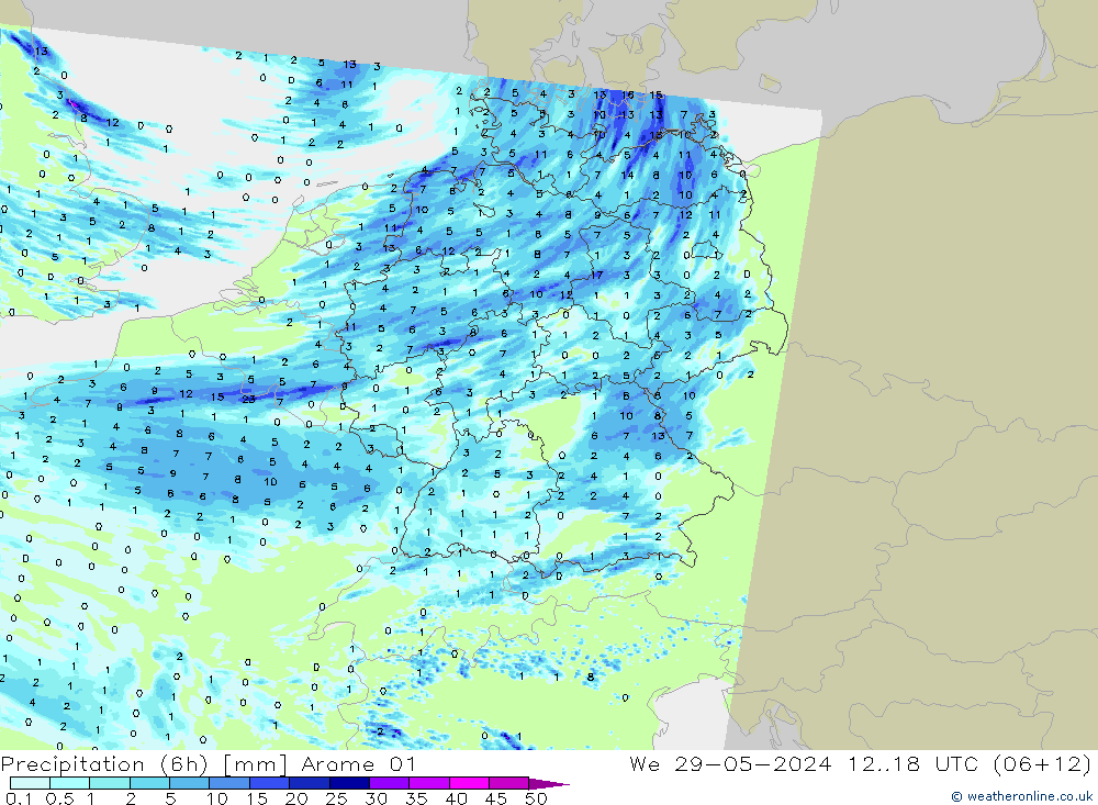 Precipitation (6h) Arome 01 We 29.05.2024 18 UTC