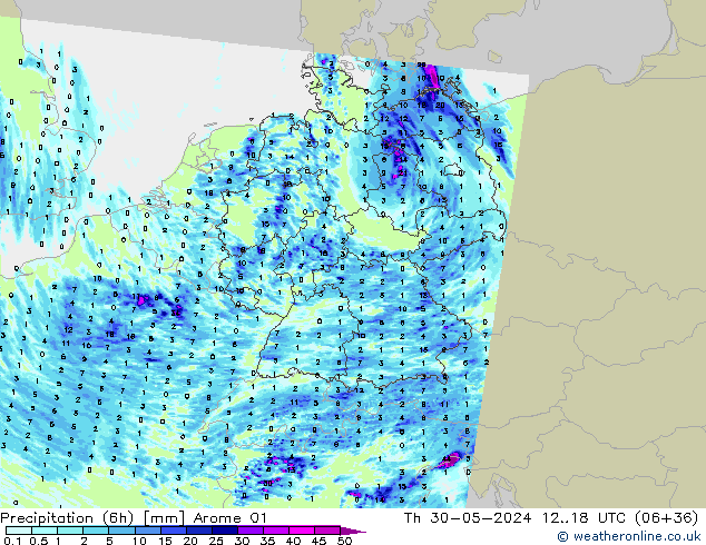 Totale neerslag (6h) Arome 01 do 30.05.2024 18 UTC