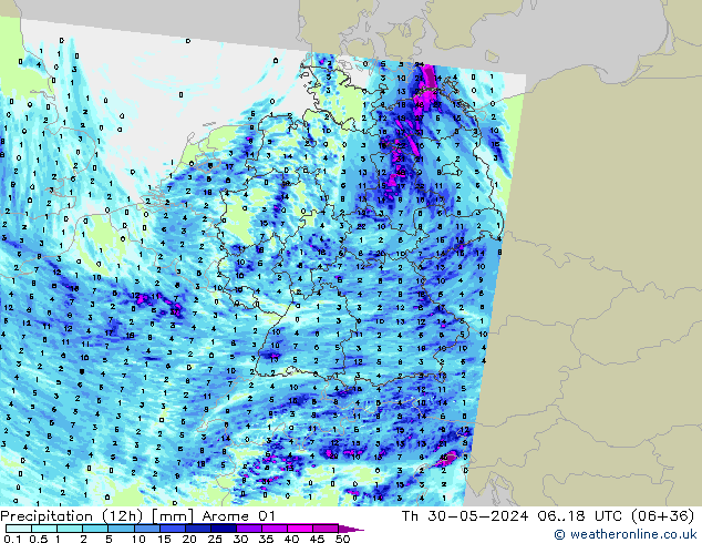 Yağış (12h) Arome 01 Per 30.05.2024 18 UTC