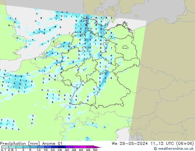 Neerslag Arome 01 wo 29.05.2024 12 UTC