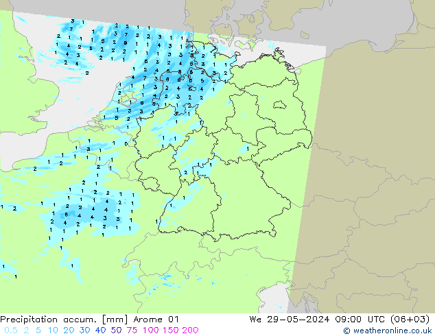 Precipitation accum. Arome 01 星期三 29.05.2024 09 UTC