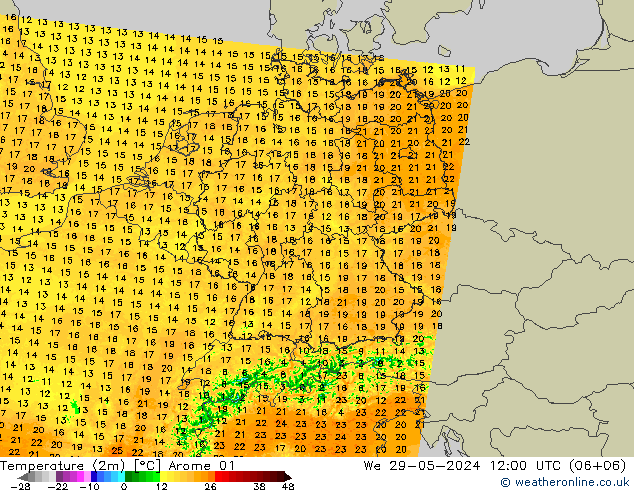 Temperatura (2m) Arome 01 mié 29.05.2024 12 UTC