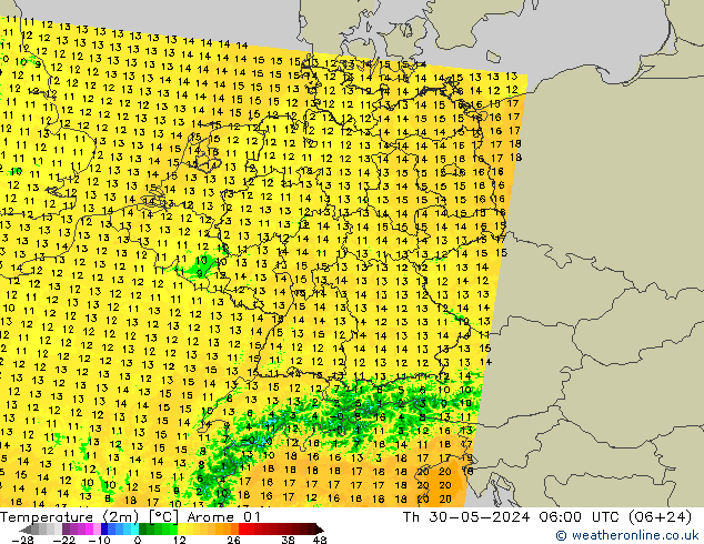 Temperature (2m) Arome 01 Th 30.05.2024 06 UTC