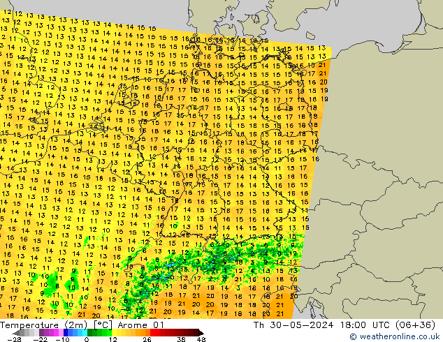 Temperatuurkaart (2m) Arome 01 do 30.05.2024 18 UTC