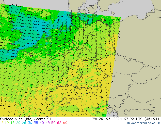 Rüzgar 10 m Arome 01 Çar 29.05.2024 07 UTC