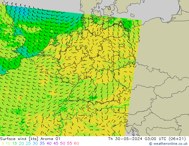 Wind 10 m Arome 01 do 30.05.2024 03 UTC