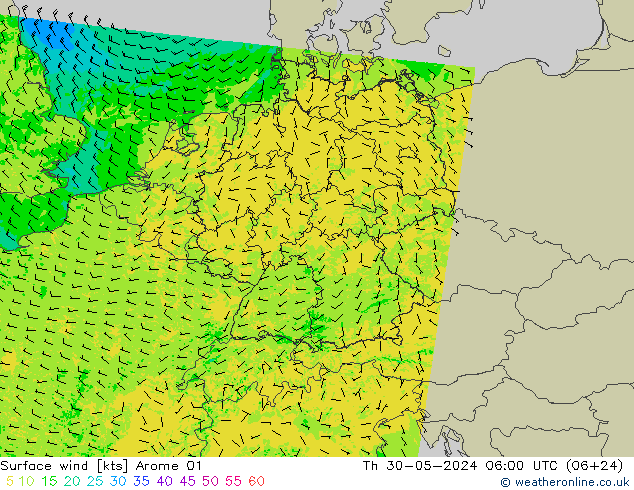 Vento 10 m Arome 01 gio 30.05.2024 06 UTC