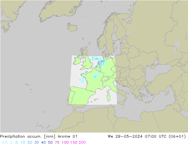 Precipitation accum. Arome 01 We 29.05.2024 07 UTC