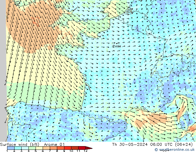 Bodenwind (bft) Arome 01 Do 30.05.2024 06 UTC