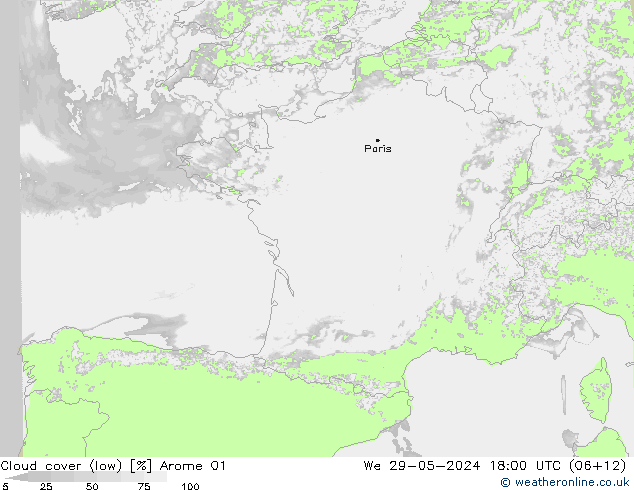 Cloud cover (low) Arome 01 We 29.05.2024 18 UTC