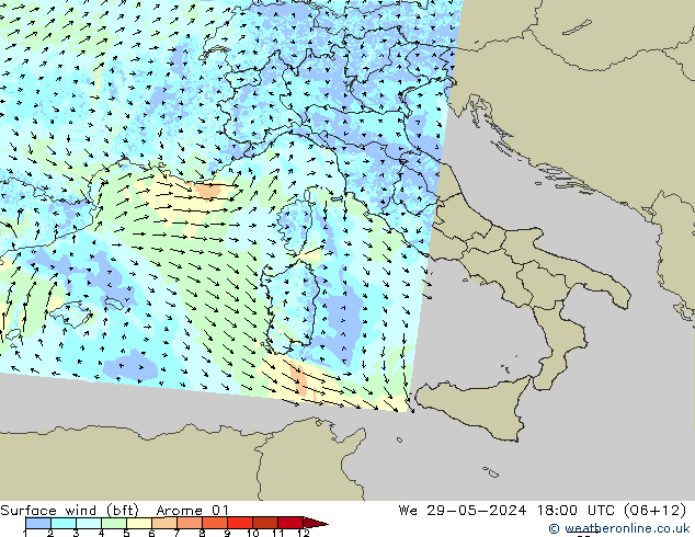 Surface wind (bft) Arome 01 St 29.05.2024 18 UTC