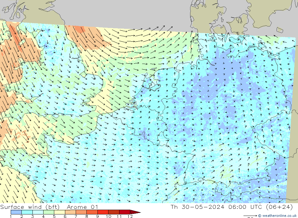 Surface wind (bft) Arome 01 Th 30.05.2024 06 UTC