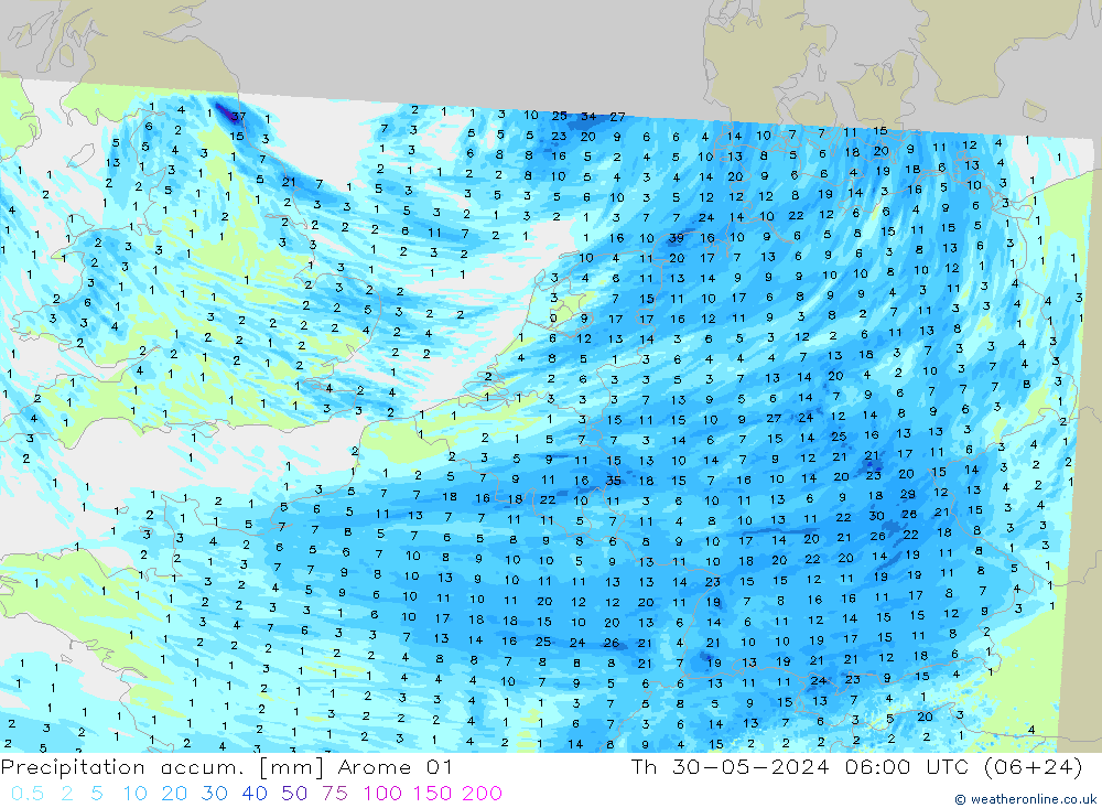 Totale neerslag Arome 01 do 30.05.2024 06 UTC