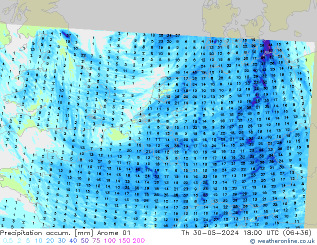 Precipitation accum. Arome 01 Th 30.05.2024 18 UTC