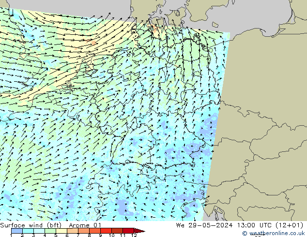 wiatr 10 m (bft) Arome 01 śro. 29.05.2024 13 UTC