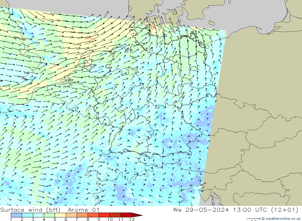 Surface wind (bft) Arome 01 We 29.05.2024 13 UTC