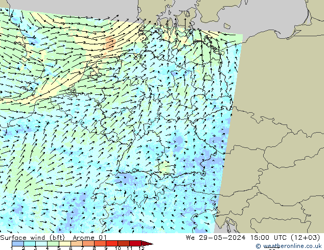 wiatr 10 m (bft) Arome 01 śro. 29.05.2024 15 UTC