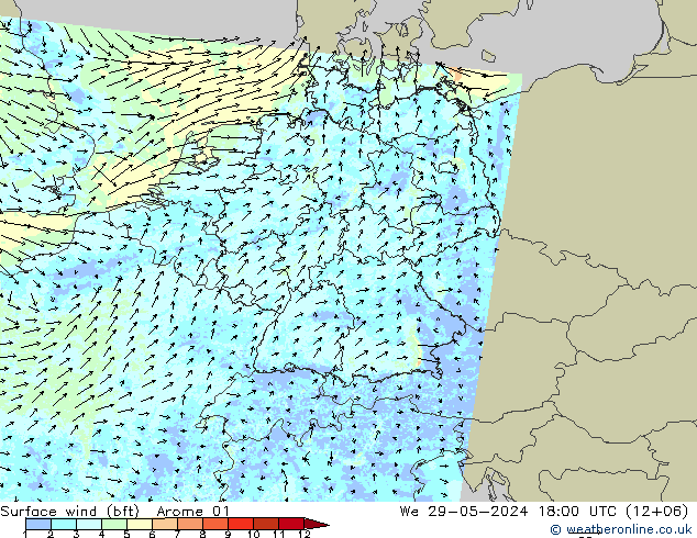 Vent 10 m (bft) Arome 01 mer 29.05.2024 18 UTC