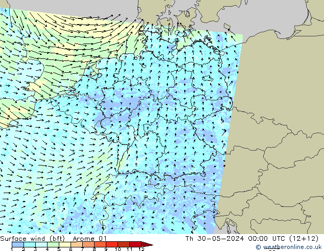 Wind 10 m (bft) Arome 01 do 30.05.2024 00 UTC